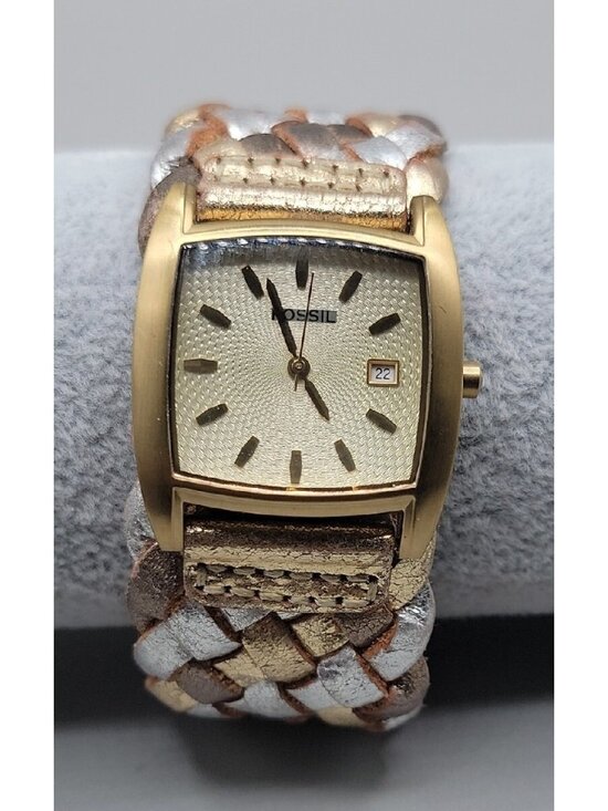Vintage Fossil Ladies JR9017 Square Watch Date Window Woven Leather Band  8\